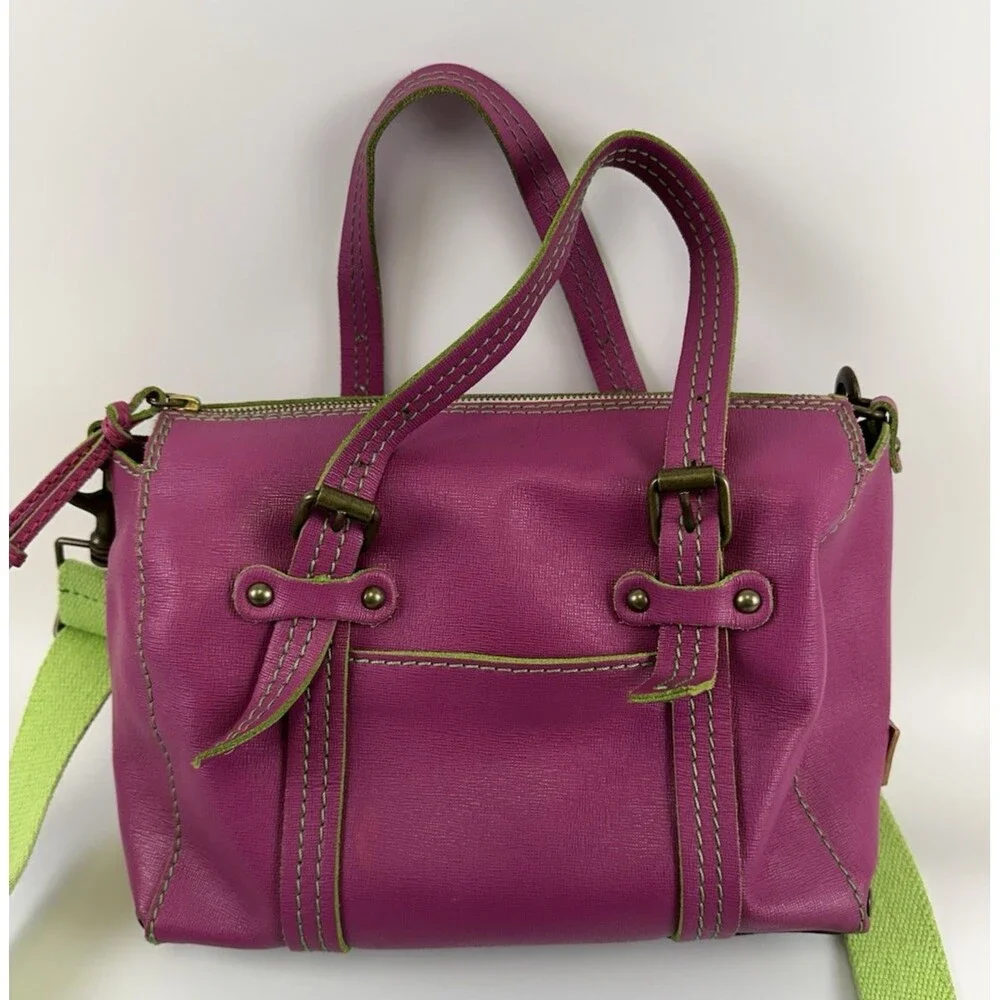 Sofia C Pink Leather‎ Satchel Purse Handbag Zip Green Crossbody Double Handles